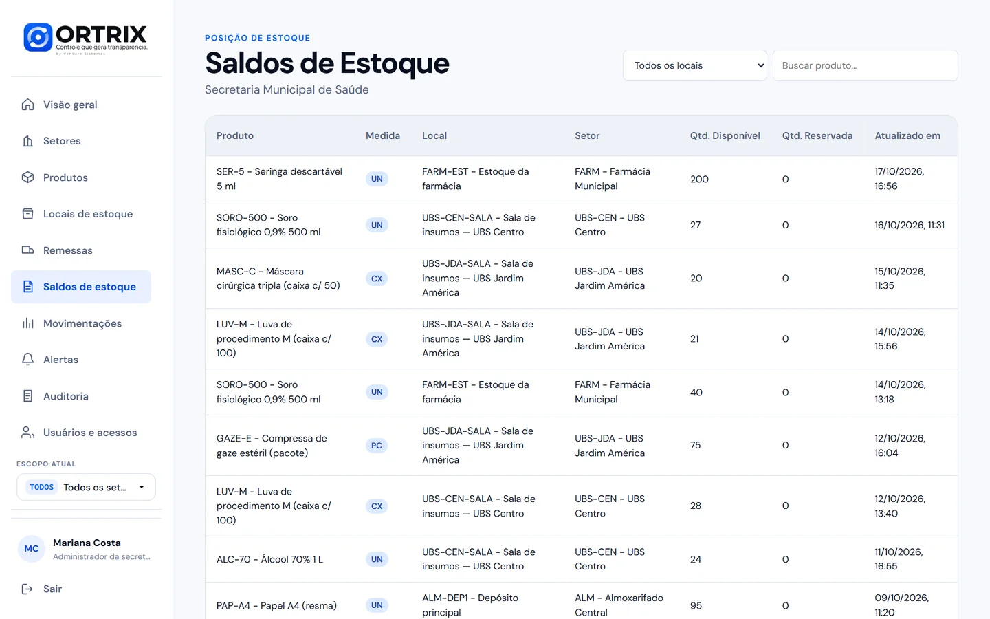 Tela de saldos de estoque listando produtos, locais e quantidades disponíveis.